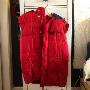 Puffy Red Vest with hoodie.